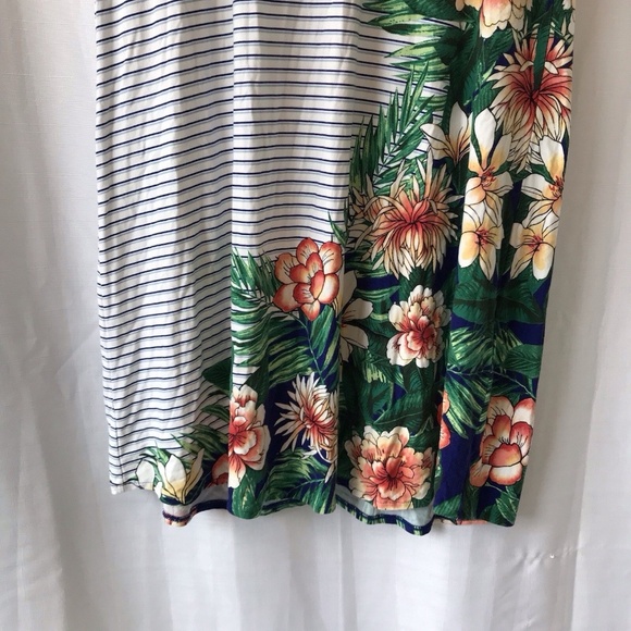 Chico’s Keyhole Striped Paradise Palm Dress Sz L Short Sleeves Stretch Tropical - Picture 3 of 15